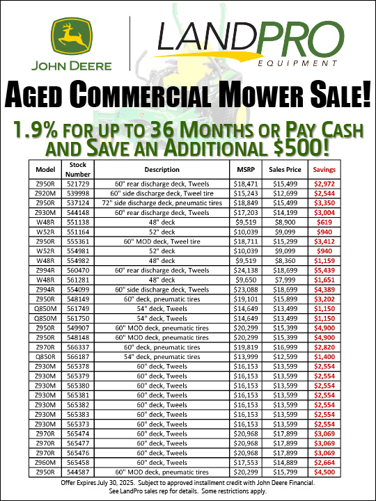 AGED COMMERCIAL MOWER SALE | 1.9% for up to 36 months or pay cash and save an additional $500!