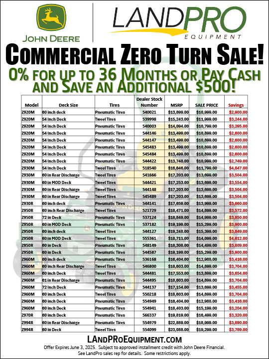 COMMERCIAL ZERO TURN SALE!  | 0% FOR UP TO 36 MONTHS OR PAY CASH AND SAVE AN ADDITIONAL $500!