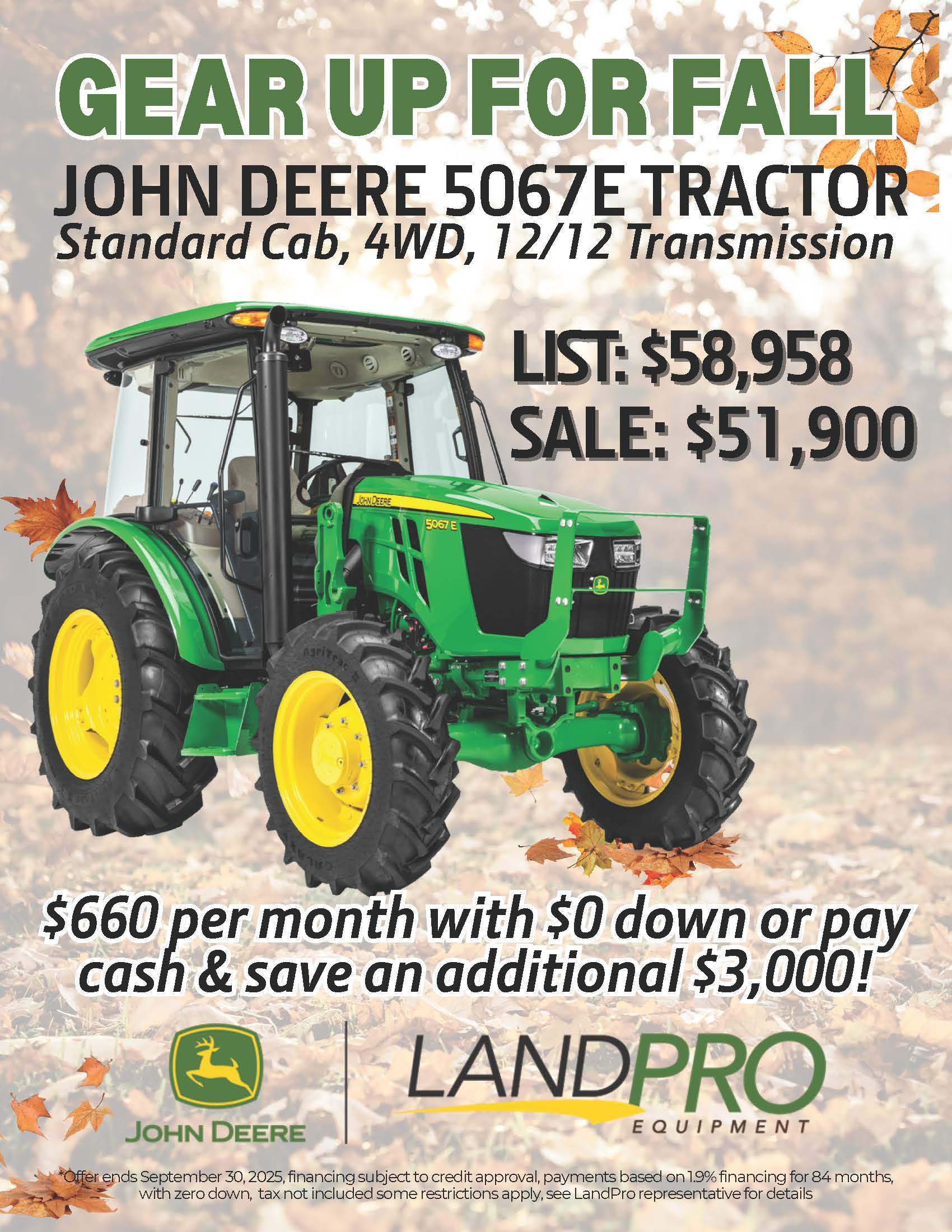 John Deere 5067E Tractor | Standard Cab, 4WD, 12/12 Transmission