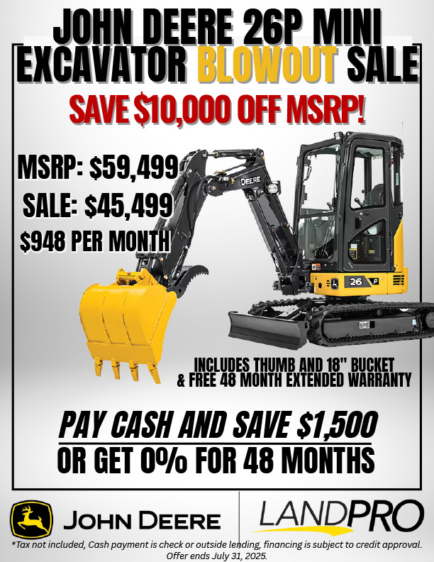 JOHN DEERE 26P MINI EXCAVATOR BLOWOUT SALE | SAVE $10,000 OFF MSRP!