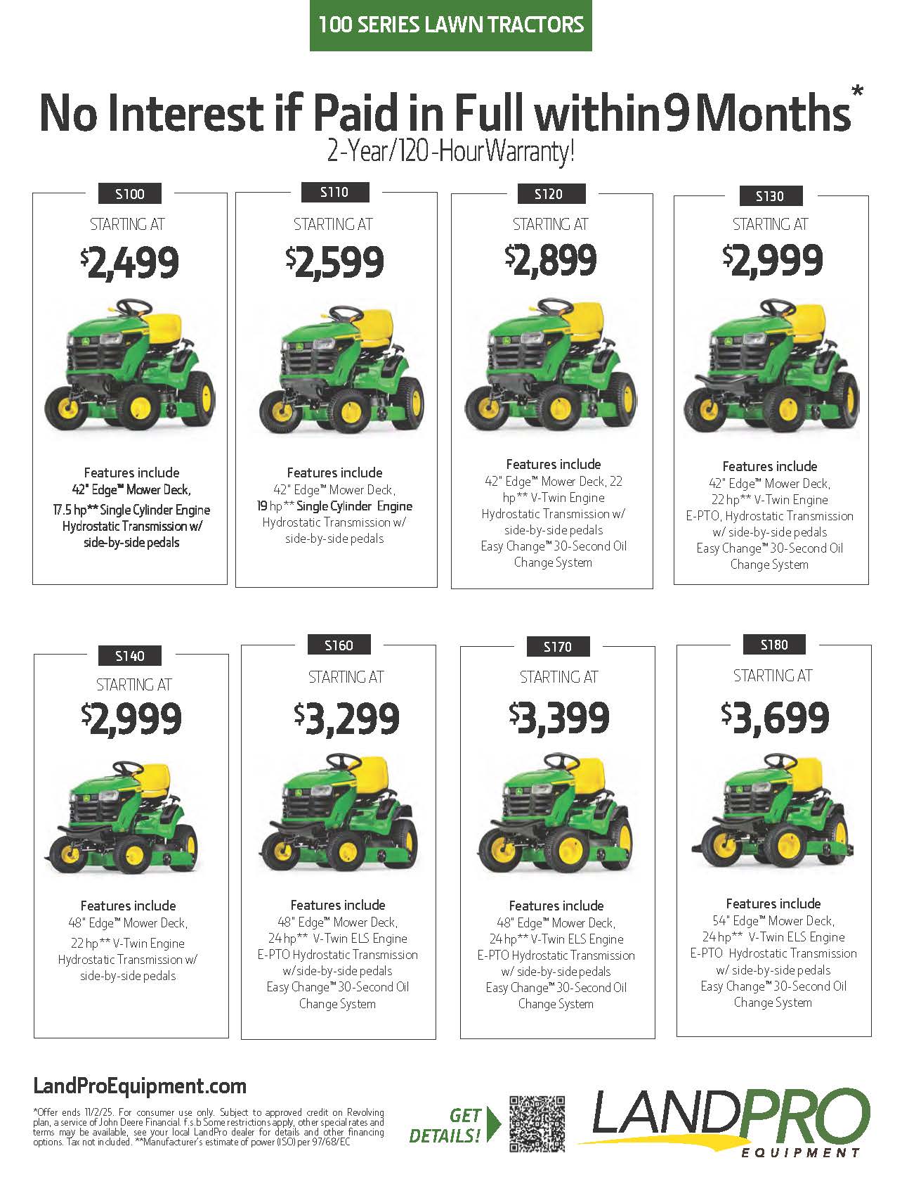 100 SERIES LAWN TRACTORS | No Interest if Paid in Full within 9 Months*