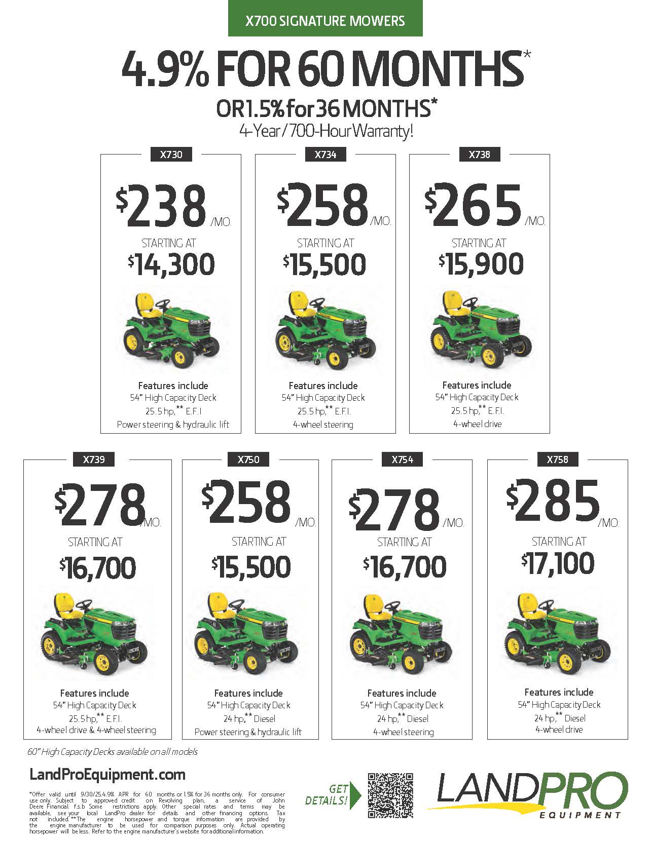 X700 SIGNATURE MOWERS | 0% FOR 60 MONTHS* or Pay Cash and Save $750 on all X700s - September Only!
