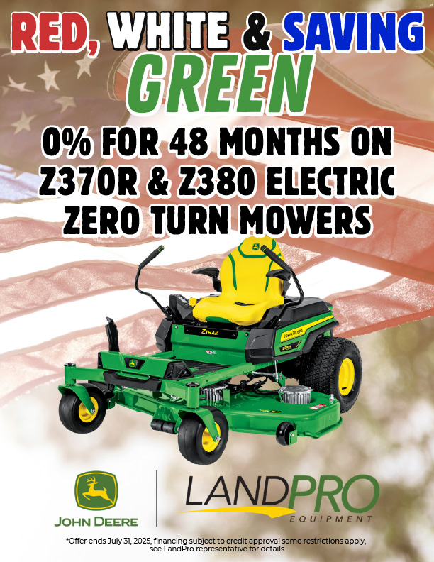 Z370R & Z380 ELECTRIC ZERO TURN MOWERS SALE | RED, WHITE & SAVING GREEN